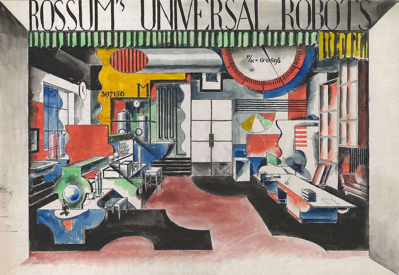 Stage design sketch for R.U.R. by Bedřich Feuerstein, 1921