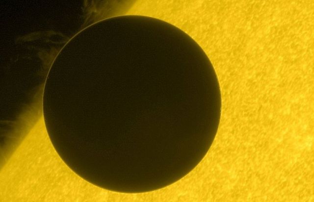 An image captured by the Hinode spacecraft of the 2012 transit of Venus. Copyright JAXA/NASA.